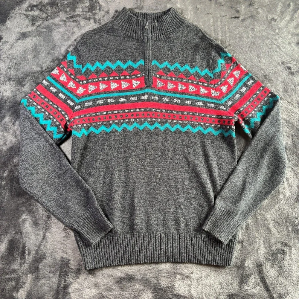 Urban Pipeline Mens Large Gray Fair Isle Geometric Quarter Zip‎ Pullover Sweater